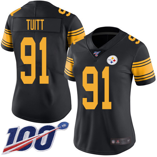 Women Pittsburgh Steelers Football #91 Limited Black Stephon Tuitt 100th Season Rush Vapor Untouchable Nike NFL Jersey->women nfl jersey->Women Jersey